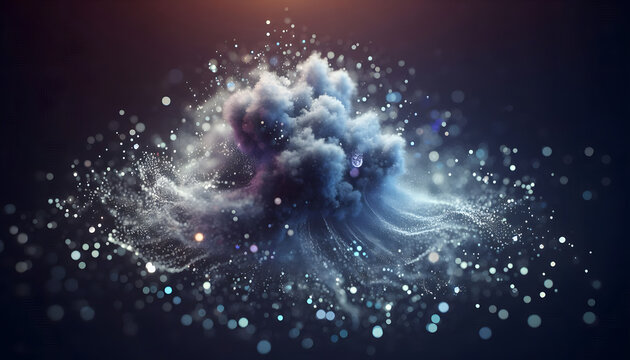 Dynamic blue and white particle cloud expanding with light bokeh on dark background for advanced technology concept and big data flow