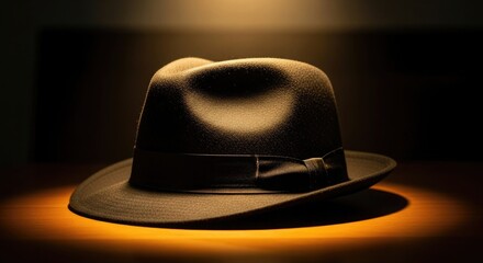 Fedora hat sits dramatically lit on a wooden surface evoking a sense of mystery and classic style suitable for representing vintage fashion film noir themes or the elegance of a bygone era it can be