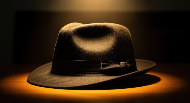 Fedora hat sits dramatically lit on a wooden surface evoking a sense of mystery and classic style suitable for representing vintage fashion film noir themes or the elegance of a bygone era it can be