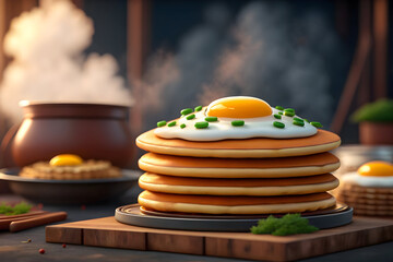 Golden Sunrise Pancake Stack With Fried Egg & Green Herbs