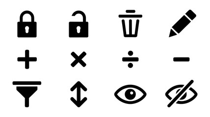 A collection of twelve common user interface icons including lock, unlock, trash, edit, arithmetic operators, filter, sort, visible, and hidden.