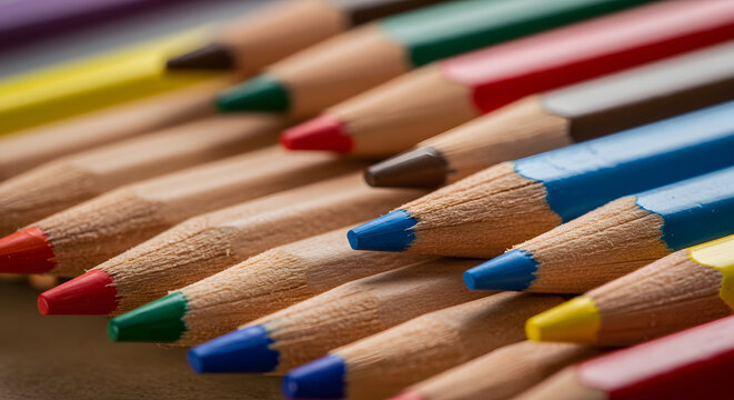 Detailed macro close-up of sharpened wooden colored pencils in a vibrant diagonal row for creativity, art, and education concept