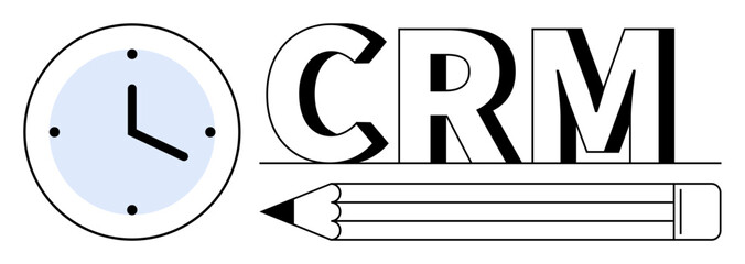 Clock symbolizing time management, CRM text for customer relations, pencil for writing or editing. Ideal for business, organization, productivity, customer service, planning, strategy communication