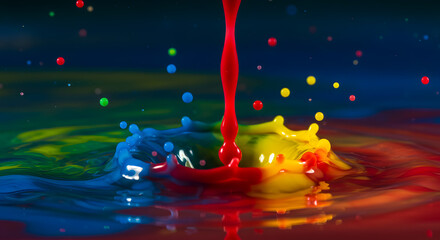 Red paint stream splashing into vibrant multicolored liquid on a dark background for fluid dynamics concept and artistic special effects