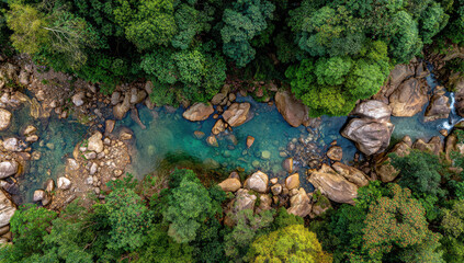 Aerial View Of Mountain Stream With Turquoise Water Flowing Through Lush Green Forest In Daytime