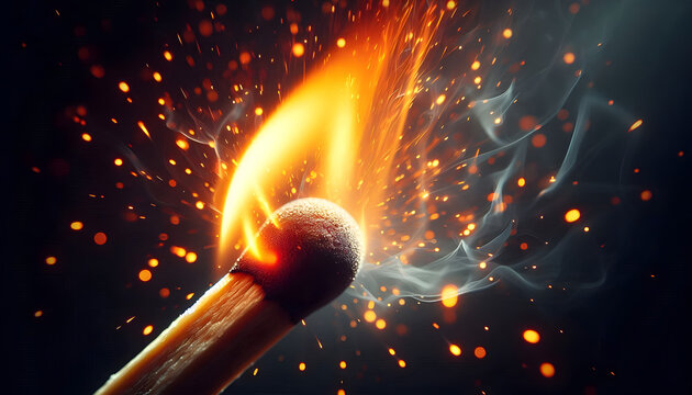Close-up of a match igniting in slow motion with vibrant flame and glowing sparks against a dark background for new idea concept and explosive energy - Powered by Adobe