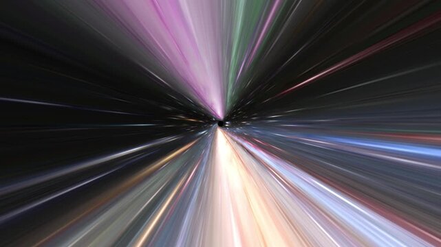 Abstract hyperspace jump with light streaks converging towards a central point in dark background