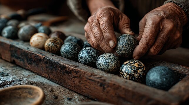 Weathered hands crafting stone spheres artisan detail, unique textured balls in wooden tray - Powered by Adobe