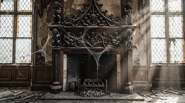 Decayed ornate room with fireplace and sunlight through abandoned windows