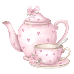 Pink teapot and teacup adorned with hearts cozy romantic tea set