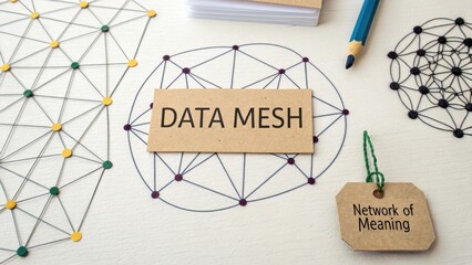 Conceptual Representation of Data Mesh with Network of Meaning on Wooden Surface Surrounded by Geometric Patterns