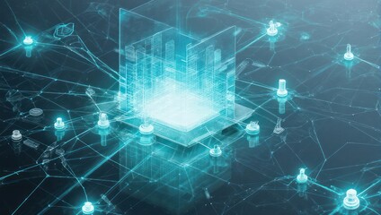 Abstract visualization of a secure digital network and data processing.