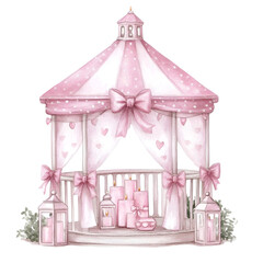 Pink pavilion or gazebo decorated with ribbons and flowers for romantic events