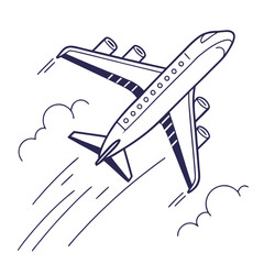 A stylized line art illustration of a modern passenger jet airplane soaring through the sky amidst stylized clouds and motion lines