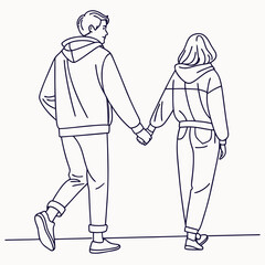 A young couple holding hands while walking away from the viewer dressed in casual hoodies and jeans symbolizing love and companionship