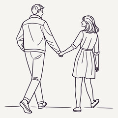 A stylish couple holding hands and walking together depicted in a minimalist line art illustration conveying romance and companionship