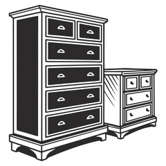 A detailed black and white illustration of two classic wooden dressers with multiple drawers and handles perfect for interior design concepts