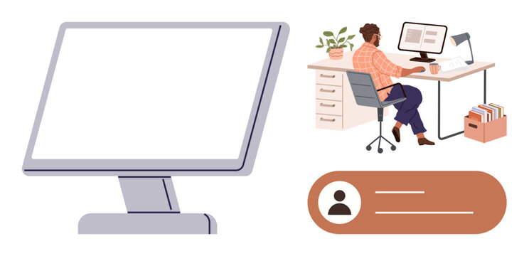 Desk setup with employee working on computer, cup, lamp, filing cabinet, profile placeholder. Ideal for productivity, remote work, digital identity, organization office culture technology simple