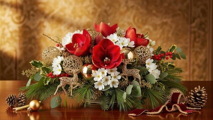 Christmas still-life scene with ornaments, pinecones, and seasonal decorations