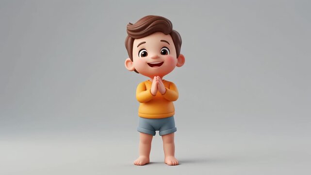 A cute 3D cartoon boy with brown hair, wearing a yellow shirt and blue shorts, standing barefoot with hands clasped in a polite gesture, smiling happily.