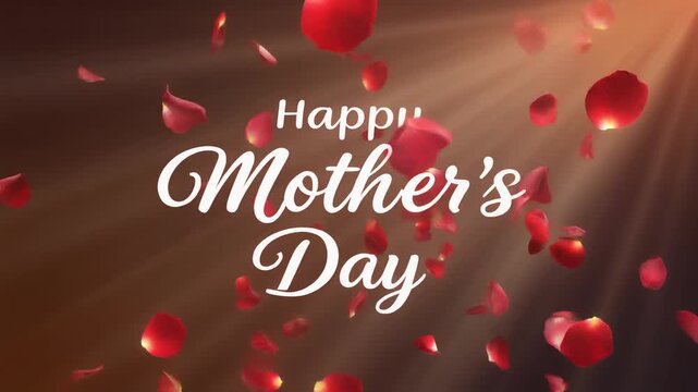 A festive digital graphic with 'Happy Mother's Day' text in white cursive font surrounded by scattered red rose petals on a dark background with sunburst effect.