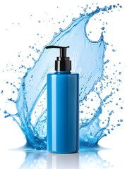 Blue Skincare Bottle With Water Burst Splash