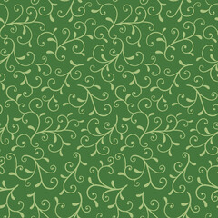 Seamless  Sroll With Mistletoe Leaves On Green Background