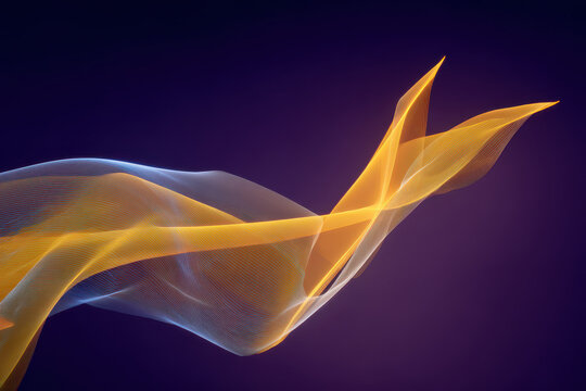 Abstract Swirling Ribbon of Glowing Yellow and Blue Against Dark Purple Background