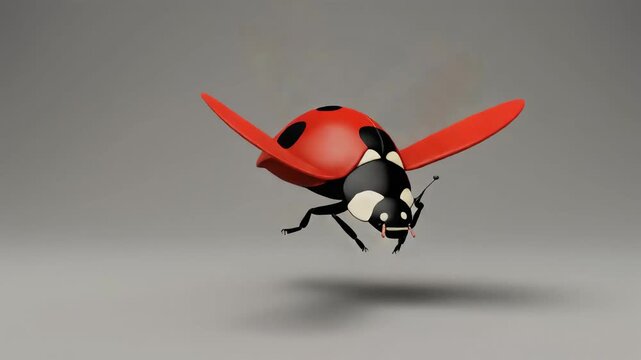 A detailed 3D rendering of a ladybug with red wings spread in flight against a plain grey background.
