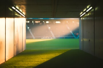 Step onto the vibrant soccer field from the tunnel, feel the anticipation of game day, and capture the energy of competition, perfect for sports brands and event promotions