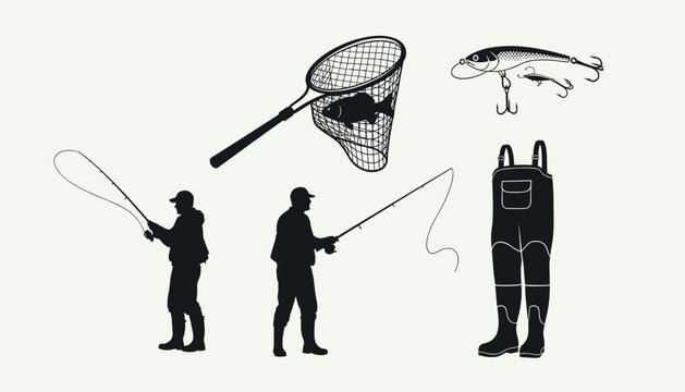 Vector scene showing casting motion net with fish and gear for water based activity