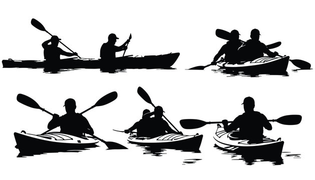 Kayaking silhouettes captured in vector showing motion balance and teamwork on water 