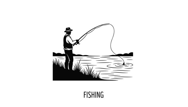 Vector illustration of a person fishing by the lake with hat rod and peaceful nature 
