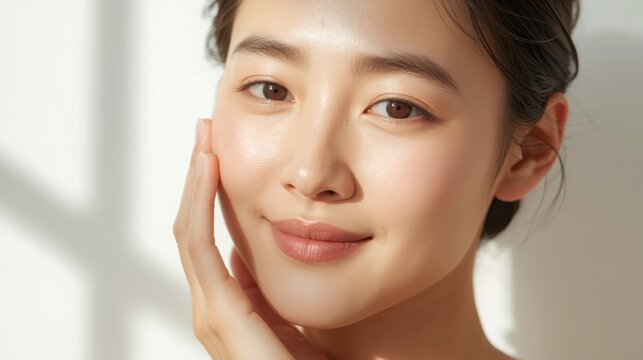 Close up of a woman with fair skin touching her face in a bright and airy setting indoors - Powered by Adobe