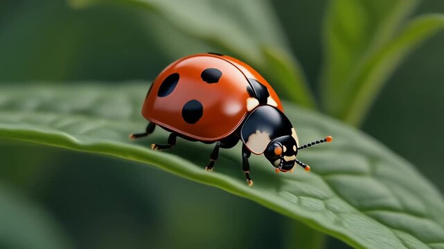 A vibrant red ladybug with black spots resting gracefully on a lush green leaf in a natural outdoor setting.