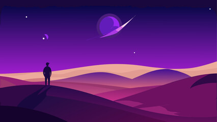 Fototapeta premium Silhouette person on dunes under celestial bodies