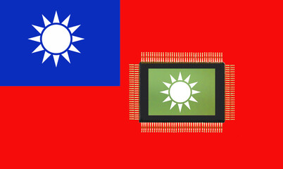 Republic of China flag overlaid on a PC microchip.
