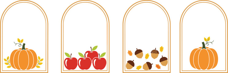 Autumn harvest frame illustration set, pumpkins, apples, acorns, fall leaves, seasonal decor, vector artwork, white background