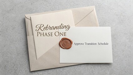 Elegant Envelope for Rebranding Strategy with Wax Seal and Transition Schedule Card