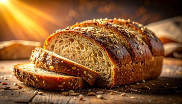 Detailed close-up of freshly sliced whole grain bread, showing rich grain textures and natural seeds embedded in the crust  - Powered by Adobe