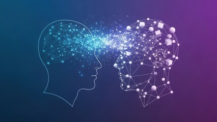 Artificial intelligence concept shows data exchange between a human mind and a machine brain, representing futuristic communication on a digital background.