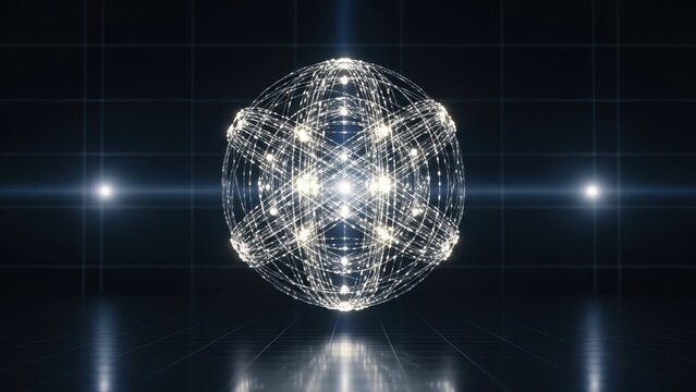 Intricate glowing digital network globe with interconnected lines visualizing global communication, modern technology, and data transfer in a futuristic dark environment.