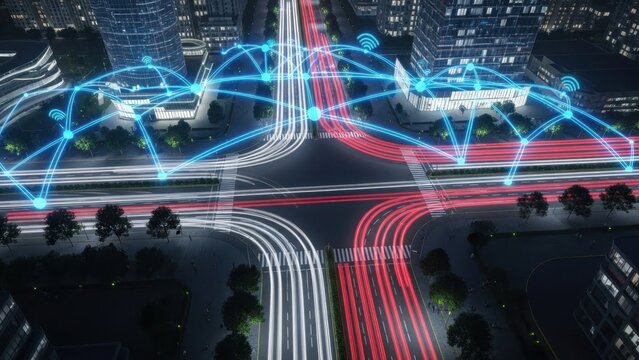 Smart city concept with a futuristic data network connecting transportation infrastructure over a busy urban intersection with traffic light trails at night.