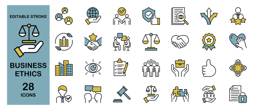 Business Ethics Icon Set &ndash; Compliance, Meeting, Justice and Compliance. Editable Stroke, Colored Vector Illustration