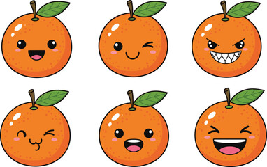 Cartoon orange illustration set, cute fruit faces, expressive emotions, food character, healthy theme, vector artwork, white background
