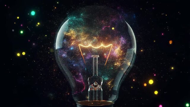 A lightbulb surrounded by colorful particle lights on a black background, icon of creativity and inspiration