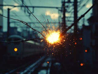 Electric Arc: Danger in the Air, Broken overhead wire sparks against a blurred urban backdrop