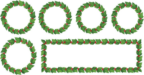 Christmas holly wreath and border set, red berries, festive decoration, holiday design, vector artwork, white background