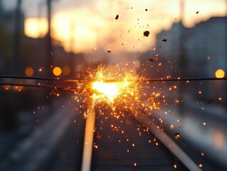 Arcing overhead wire sparks on railway tracks, a dangerous electrical fault