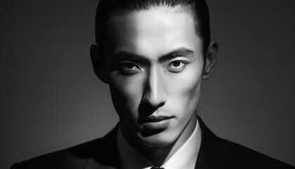 超高解像度ポートレート,プロモデル,一人のみ,エレガントなポーズ,ラグジュアリーファッション,ドラマティックライティング,強い視線,モノクロ配色,クローズアップ構図,白黒灰背景,完璧なメイク,プレミアム感,8K,鋭いディテール,象徴的ビジュアル,Ultra-high-resolution portrait,Professional model,Single person,Elegant pose,